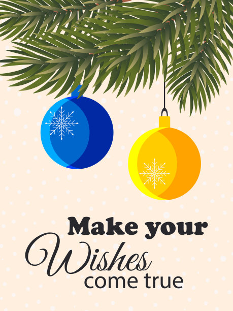 黄色和蓝色的球在云杉绿色的树枝上，粉红色的背景上有雪和一个愿望。新年假期垂直明信片。向量。图片下载