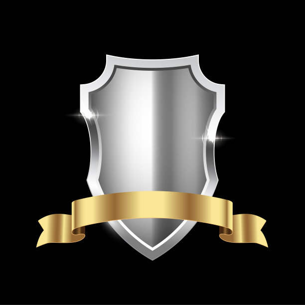 银盾配金丝带。金属纹章符号矢量插图。复古奢华元素，闪耀夺目。纹章徽章，古董钢和金色装饰黑色背景图片下载