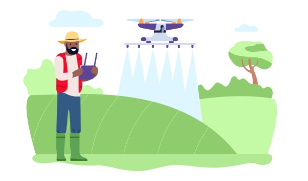 农民用无人机灌溉田地。农业创新技术。管理浇水。收获日益增长的数字智能控制。飞行机器人。拿着操纵杆的男人。向量的概念图片下载