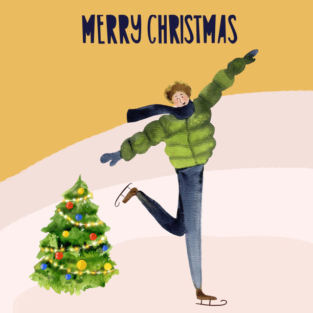 水彩插图，背景，明信片，男人，男人在冬天的衣服溜冰鞋，圣诞快乐，新年快乐。图片下载