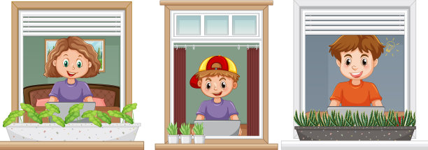 孩子们边玩电脑边透过窗户往外看图片下载