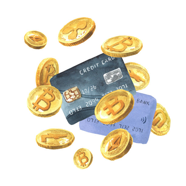 Cryptocurrency概念。加密货币和银行卡。手绘水彩插图孤立的白色背景图片下载