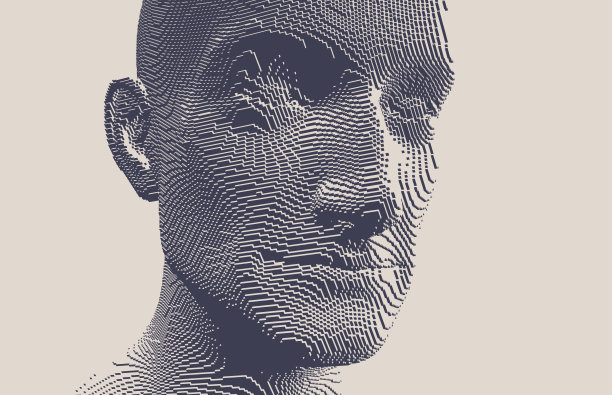 微笑的老人。由立方体构造的抽象数字人头。技术和机器人概念。体素的艺术。用于演示文稿、传单或海报的3D矢量插图。图片下载