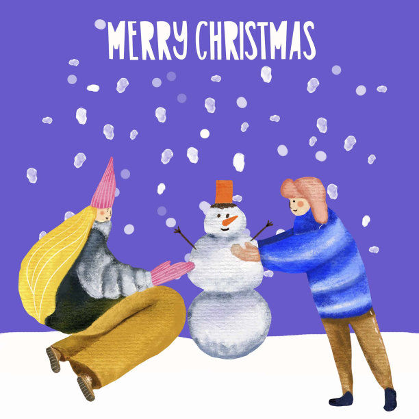 水彩插图，背景，卡片妈妈和儿子，女人和男孩堆雪人，散步，圣诞快乐，新年快乐。图片下载