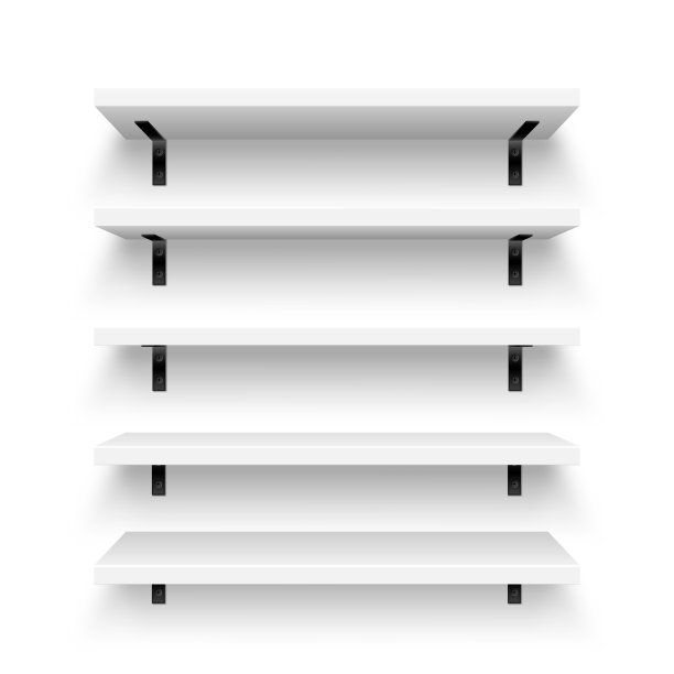 现实的白色商店货架与壁挂。空的产品货架，杂货墙货架。商场和超市家具，书架。现代室内设计元素，室内装饰。矢量图图片下载