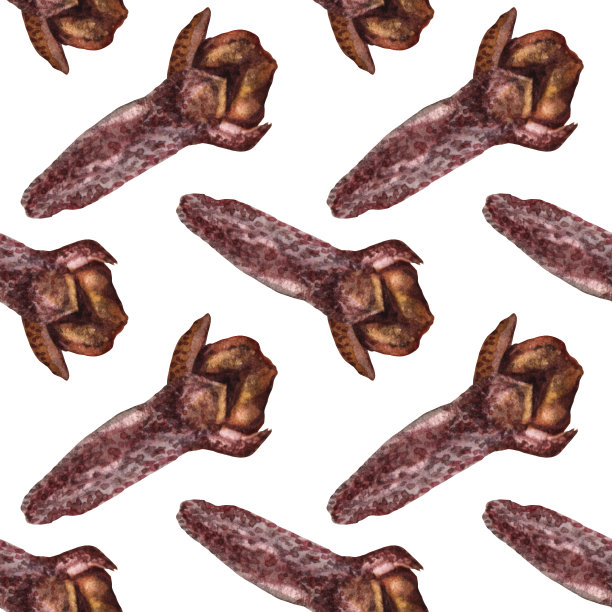 无缝模式与水彩丁香在白色背景。手绘康乃馨调味咖啡或热巧克力。食谱或贴纸。创意艺术食品和饮料。墙纸，包装纸，卡片图片下载