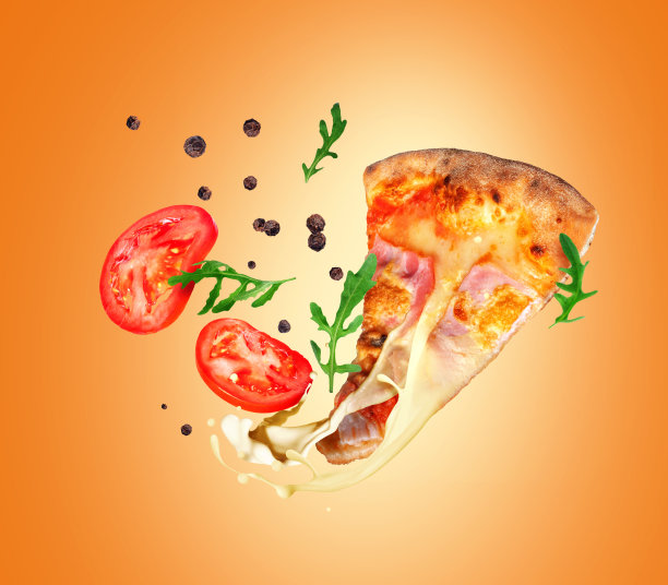 热披萨与融化的奶酪和食材在空气中的橙色背景图片下载