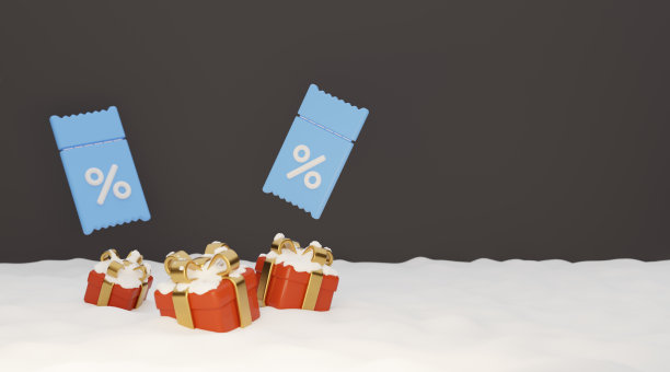 3d蓝色优惠券与红色礼品和金色丝带在雪的背景。用于社交网络上的促销、营销和广告。三维渲染插图。图片下载