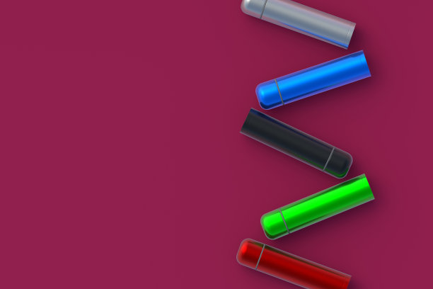 红色背景上的一排保温瓶。金属热水瓶。前视图。文本空格。三维渲染图片下载