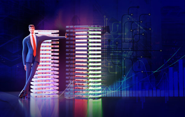 3D渲染插图。商务人士走在霓虹灯下的现代服务器机房。科技、成功、互联网、数据保护和个人安全理念图片下载