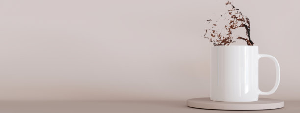 白色马克杯模型。空白模板为您的设计，广告，标志。特写镜头。带有复制空间的横幅。米色背景的杯子展示。极简主义咖啡杯模型。3 d渲染。图片下载