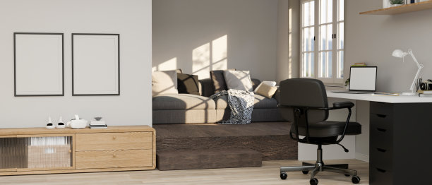 现代简约的现代公寓客厅室内设计与电脑桌图片下载