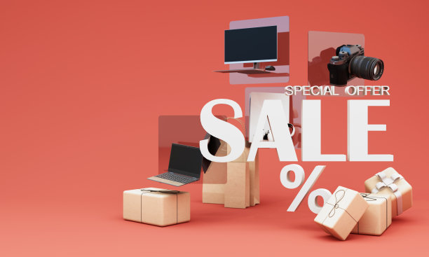 小工具和配件玩主机与pc和笔记本电脑促销折扣与礼盒和产品站在线营销卡通风格。彩色背景上的3d渲染。图片下载