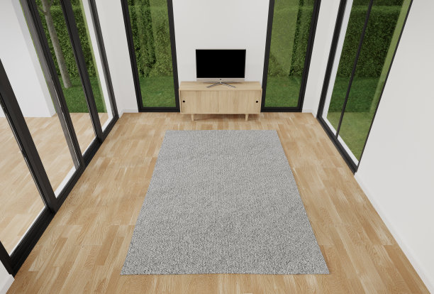 客厅与电视和橱柜在木地板的顶视图。图片下载