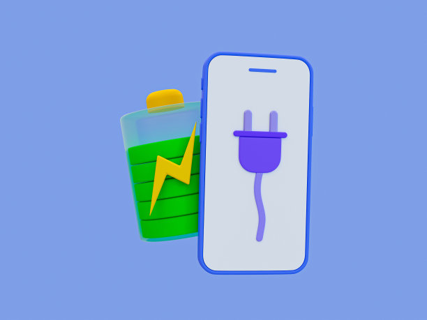 3d最小电池充电图标。实现智能手机电池。带有绿色电池管图标的手机。三维演示图片下载