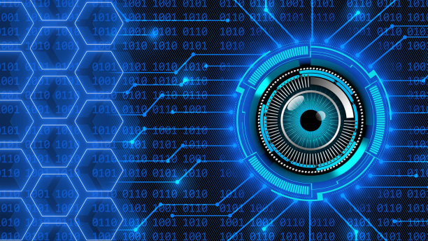 未来技术概念- HUD元素中的魔眼-信息连接线和4位二进制码背景上的蜂巢图片下载