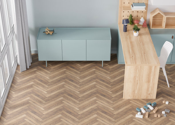 房间的地毯模型。儿童房内部采用斯堪的纳维亚风格，现代风格。前视图。空，复制空间的拼花地板为您的地毯或地毯设计。现代的模板。3 d渲染。图片下载
