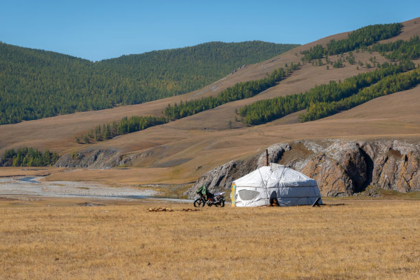 蒙古族乡村景观中的游牧民族蒙古包。在阳光明媚的日子里，在山脚上的蒙古包帐篷，背景是美丽的山脉。图片下载