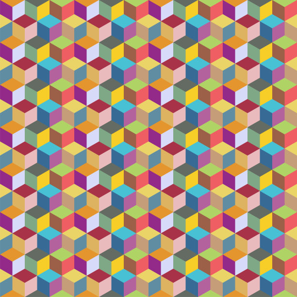 抽象矢量背景与彩色对称平行四边形形状。简单的彩色堆叠立方体平面插图。几何无缝图案艺术品，正方形，菱形，六边形。图片下载