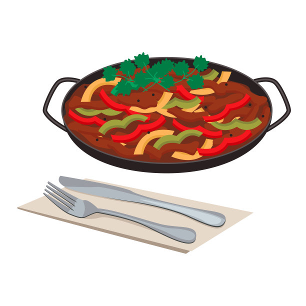 墨西哥国菜。Fajitos。在平底锅上有条纹的一盘肉和蔬菜。图片下载