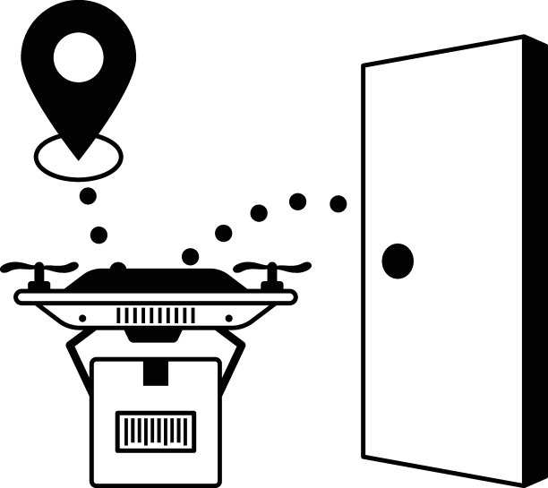 使用空中无人机概念的无接触包裹递送，漫游穿梭器AMRs矢量图标设计，仓库自动化符号，工业革命标志，航运和物流库存插图图片下载