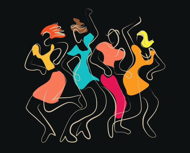 在迪斯科俱乐部跳舞的年轻人，线条艺术。图片下载