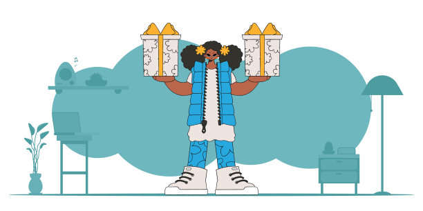 节日和礼物的概念。这个女孩手里拿着两件礼物。具有八九十年代风格的鲜明性格。图片下载