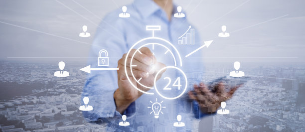 时钟24小时服务和人员图标概念，商人手触摸时钟和线路人员图标，时间管理和业务工作计划，日常日程安排的想法和概念，图片下载