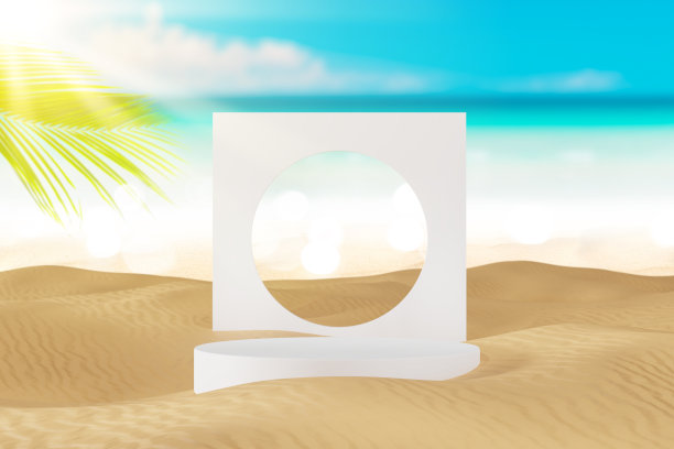 3d平台与复制空间的产品展示展示在棕榈滩抽象背景。热带夏季度假概念。图片下载