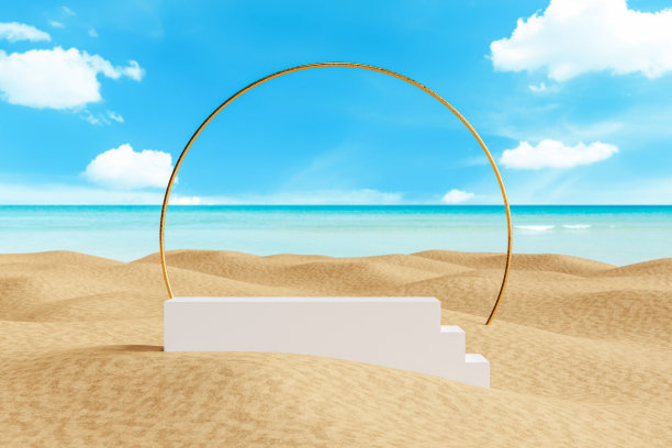 3d平台与复制空间的产品展示展示在蓝色海滩抽象背景。热带夏季度假概念。图片下载