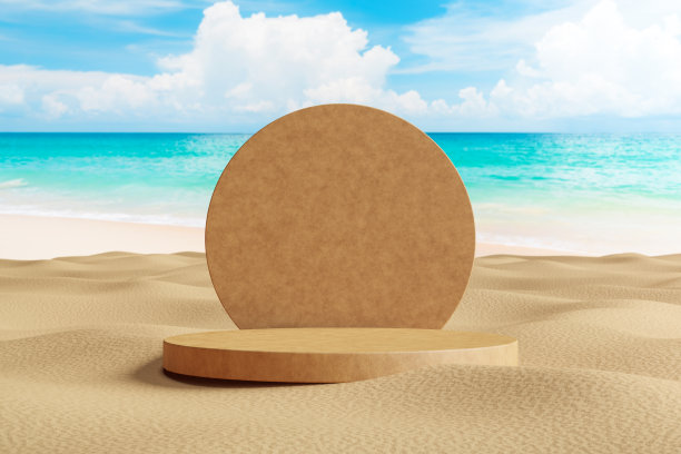 沙滩上有蓝天白云抽象背景，3D平台带有复制空间，用于产品展示。热带夏季度假概念。图片下载
