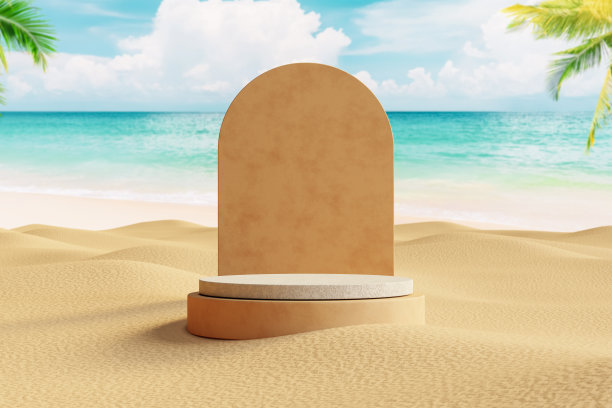 3d平台与复制空间的产品展示展示在棕榈滩抽象背景。热带夏季度假概念。图片下载