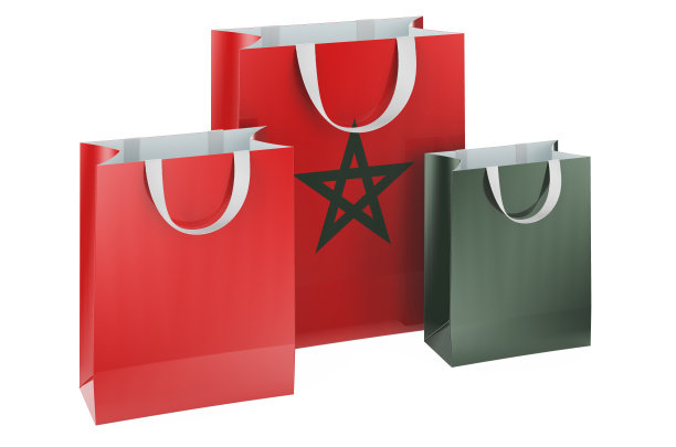 有摩洛哥国旗的购物袋。在摩洛哥购物，概念。三维渲染图片下载