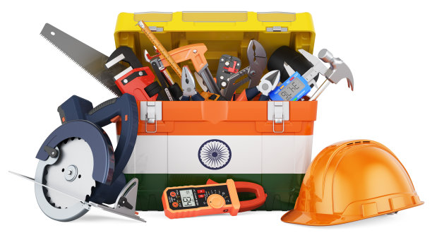工具箱上画着印度国旗。印度的服务，维修和施工，概念。三维渲染图片下载
