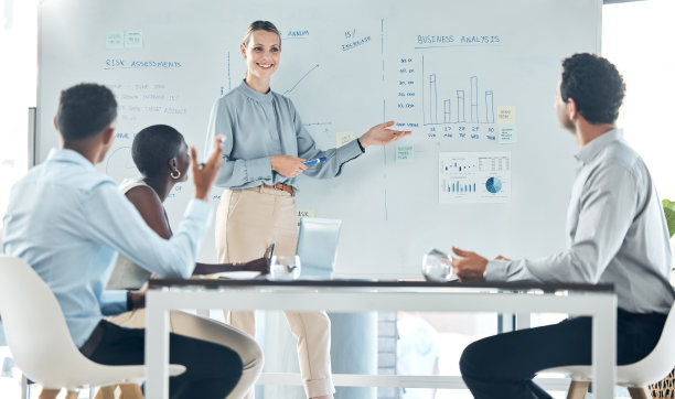 增长、白板和商务人士在会议上规划公司销售或收入报告图表数据。营销和广告代理团队致力于图表分析和风险评估策略图片下载