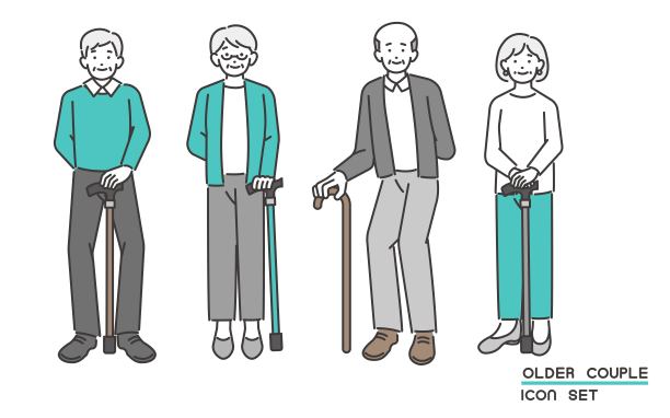 花白头发的高级夫妇线条画矢量插图材料与手杖/男人和女人/时尚/结束的生活图片下载