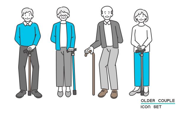 花白头发的高级夫妇线条画矢量插图材料与手杖/男人和女人/时尚/结束的生活图片下载