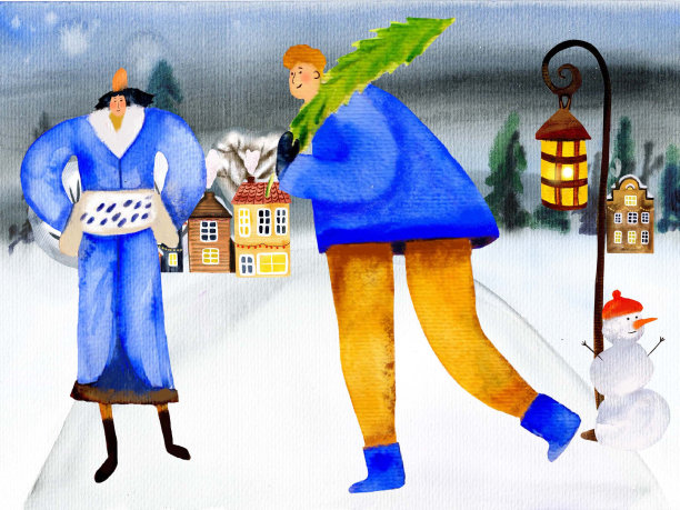 水彩插图，背景，明信片，一个男人，一个男人提着一棵圣诞树，人们穿着冬天的衣服在走路，一个女人拿着一个手提包，一个灯笼，一个雪人，圣诞快乐，新年快乐。图片下载