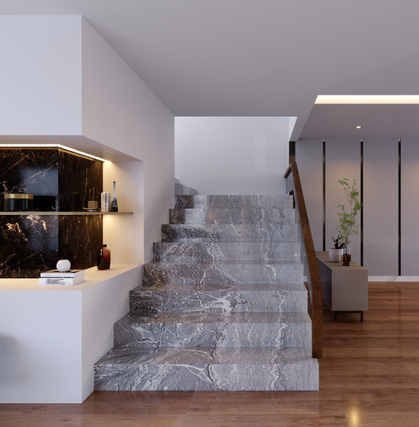 3d渲染，3d插图，室内场景和模型，楼梯和装饰墙，用黑色石头图案的墙架装饰墙。图片下载
