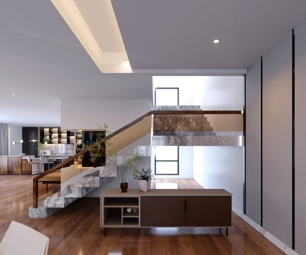 3d渲染，3d插图，室内场景和模型，楼梯和装饰墙，用黑色石头图案的墙架装饰墙。图片下载