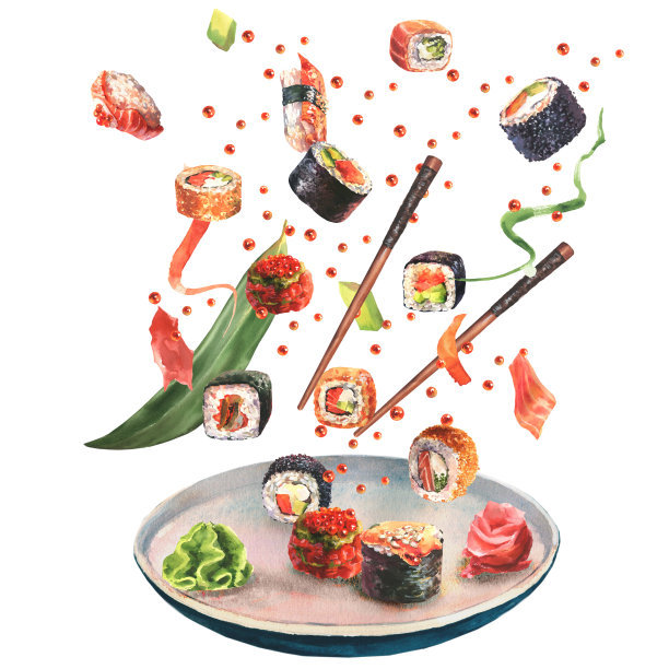 水彩画的美味寿司和卷设置与筷子和盘子在运动的白色背景。图片下载