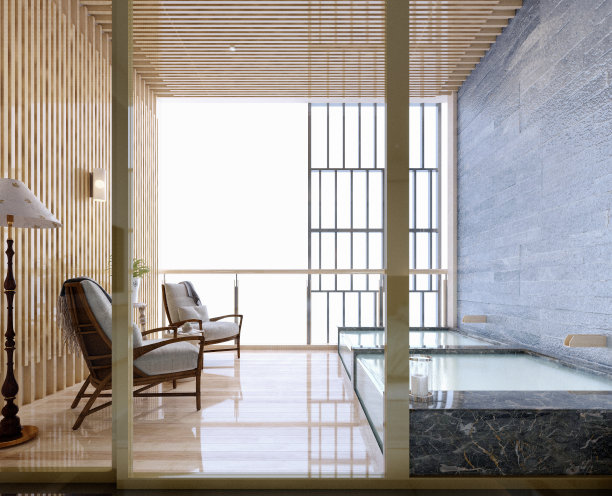 3d渲染，3d插图，室内场景和模型，在开放式阳台座位上渲染3d，现代和热带风格。图片下载