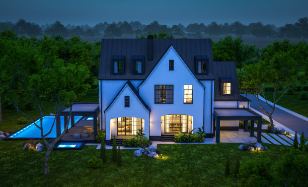 白色和黑色的现代都铎式房屋在夜间的3d渲染图片下载