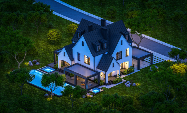 白色和黑色的现代都铎式房屋在夜间的3d渲染图片下载