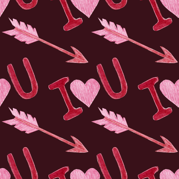 水彩无缝模式，与心，简单的字母和箭头在黑暗的背景。图片下载