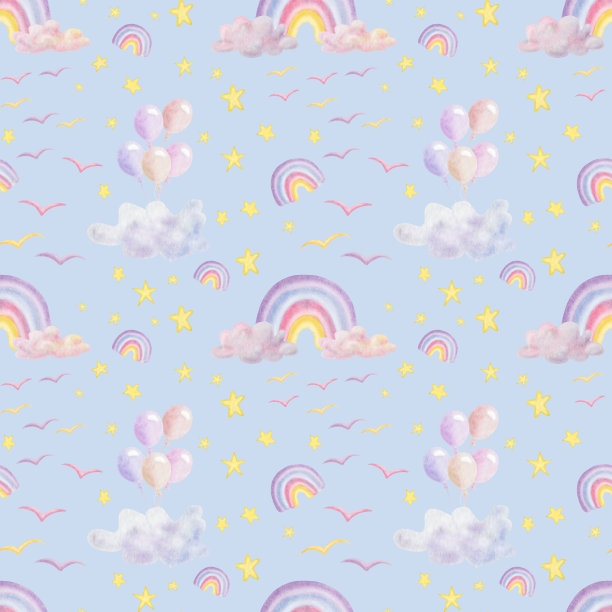 水彩无缝图案。手绘的天空插图彩虹，云，鸟，气球，星星在紫色，蓝色，粉红色，黄色。打印在蓝色背景织物纺织，包装图片下载