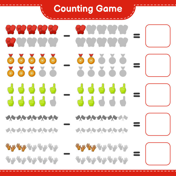数和匹配，数泡沫手指，奖杯，赛车旗，拳击手套，高尔夫手套的数量，并与正确的数字匹配。教育儿童游戏，可打印的工作表，矢量插图图片下载