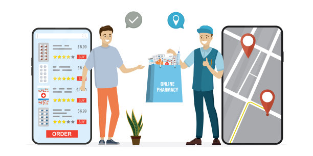 快递员将药品送到快乐的客户手中。白人送货员手里拿着一包毒品。在线药房，移动应用程序。为消费者快速运送药丸，互联网药店。图片下载