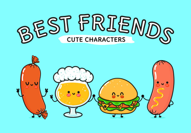 可爱有趣的快乐啤酒，芥末香肠和汉堡。矢量手绘卡通卡哇伊人物，插图图标。有趣的卡通啤酒，香肠芥末和汉堡吉祥物图片下载