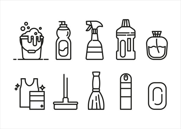 清洗集图标。洗涤剂、清洁剂、水桶、抹布、泡沫、肥皂、拖把、玻璃清洁剂、袋子、扫帚、扫地、空气加湿器、空气清新剂、湿式清洁、房间消毒。服务的概念。矢量线图标图片下载